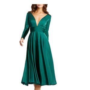 MAC DUGGAL LONG SLEEVE PLUNGE NECK EMERALD GREEN MIDI FIT & FLARE DRESS sz 14